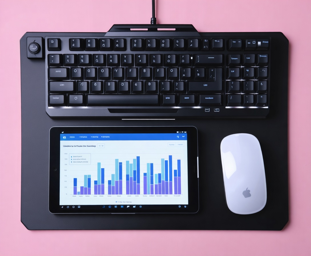 A modern engineering workstation with mechanical keyboard and high-resolution displays showing technical documentation