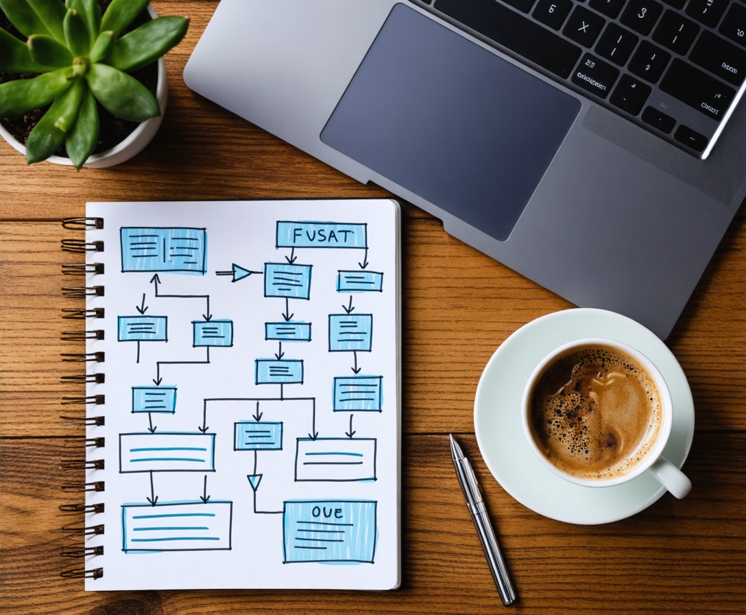 A collaborative workstation with a sleek laptop and hand-drawn system flowcharts representing the Kodirovanie Academy curriculum