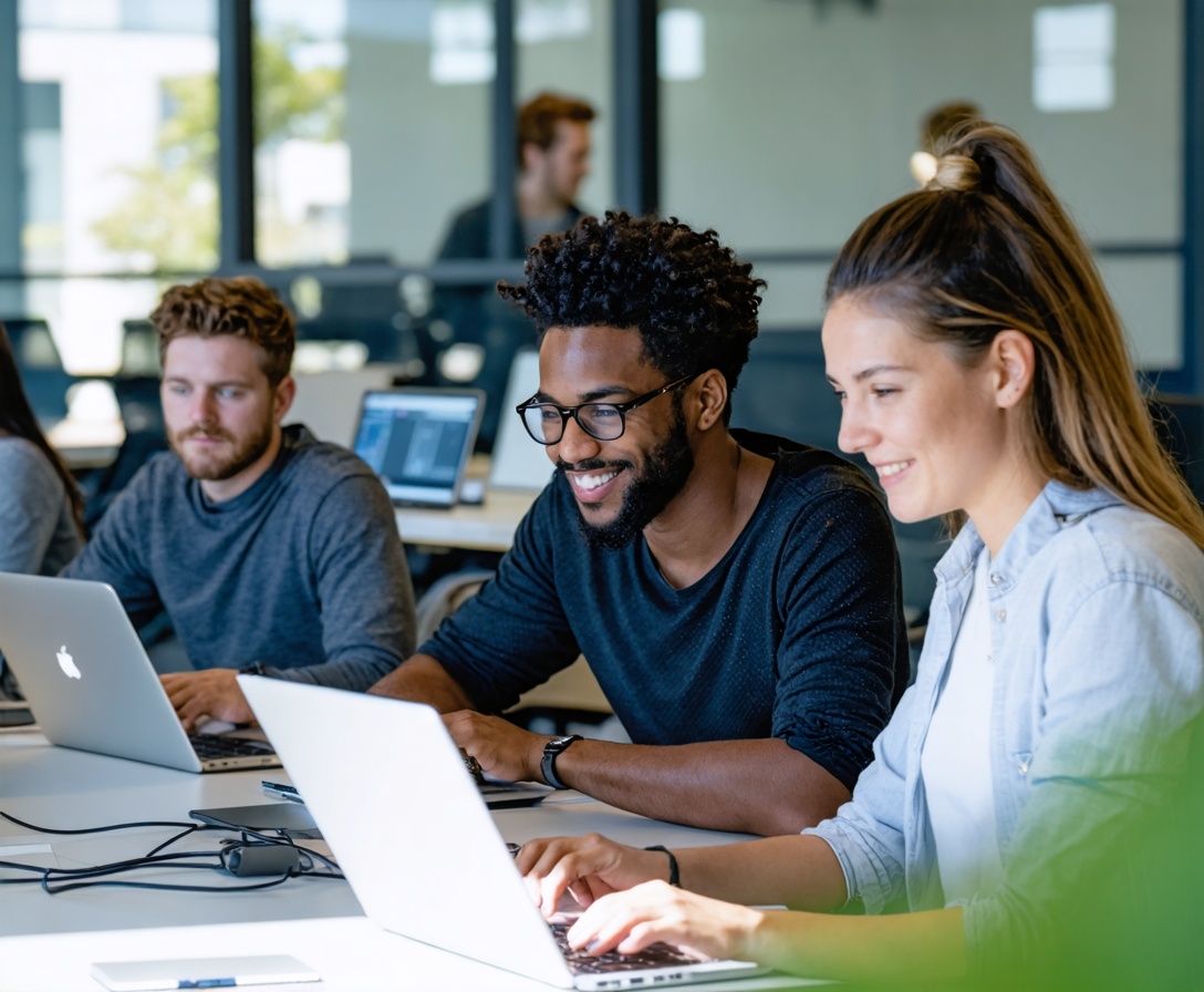 A diverse group of professional software engineers collaborating on a complex architectural design in a modern Palo Alto office