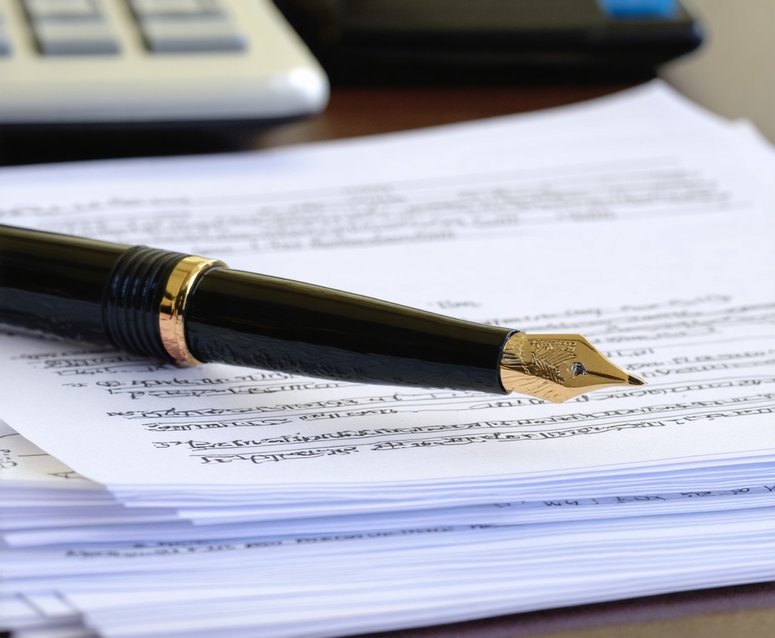 A professional fountain pen resting on technical documentation and legal papers representing the Kodirovanie Academy service agreement