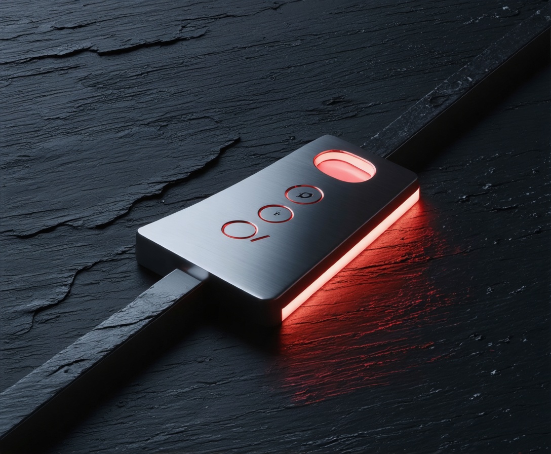A minimalist conceptual image of a sleek metallic digital key on a dark textured surface representing data security